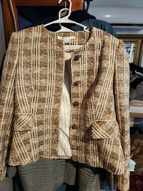 Veronica Beard Brown Plaid Tweed Collarless Jacket